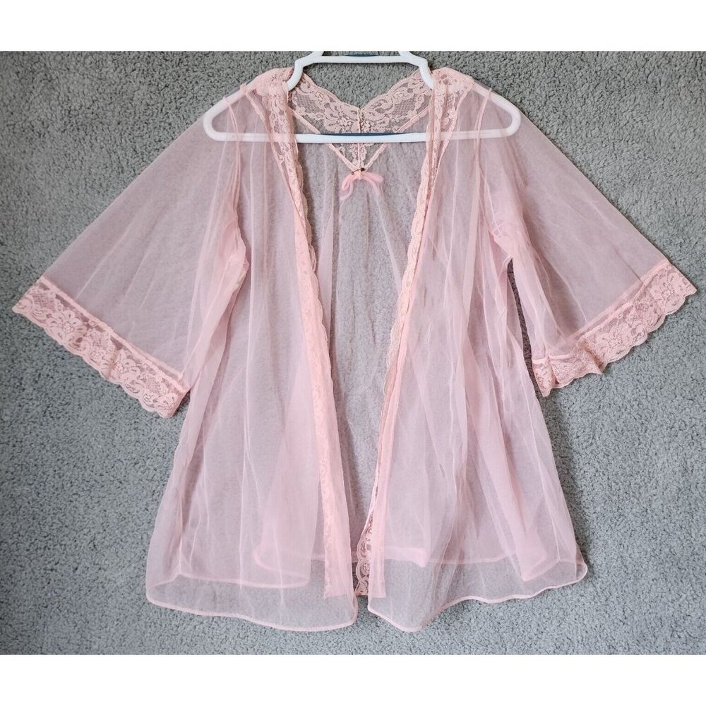 Vtg Pandora Lingerie by Chic Sheer Lace‎ Trim Kimono Robe Baby Pink Sz Medium